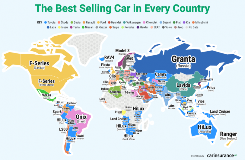 ¿Cuál es el auto más vendido en cada país?